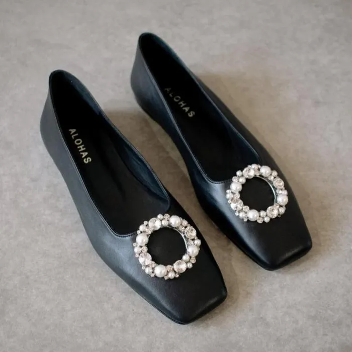 ALOHAS Ballet Flats Women Bella Crystal 8211 Black Leather Flats