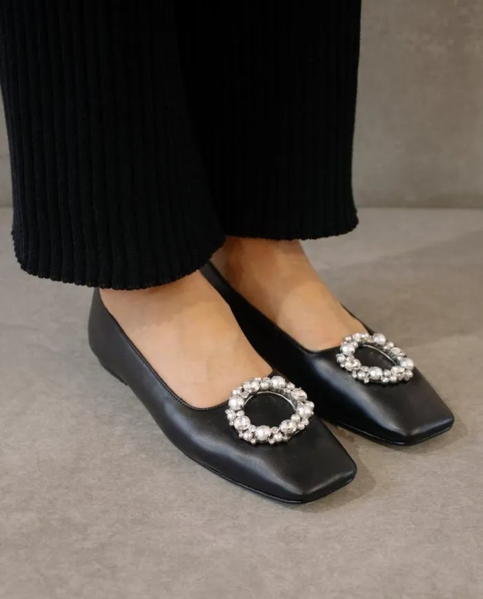 ALOHAS Ballet Flats Women Bella Crystal 8211 Black Leather Flats
