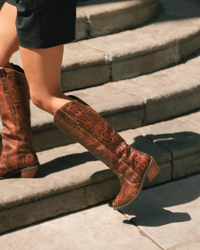 ALOHAS Boots Women Mount Indo 8211 Brown Snakeskin Leather Boots