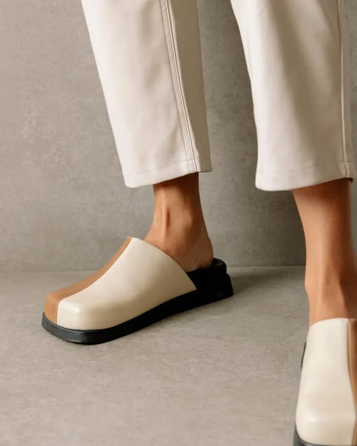 ALOHAS Clogs Women Whiz 8211 White And Brown Leather Mules
