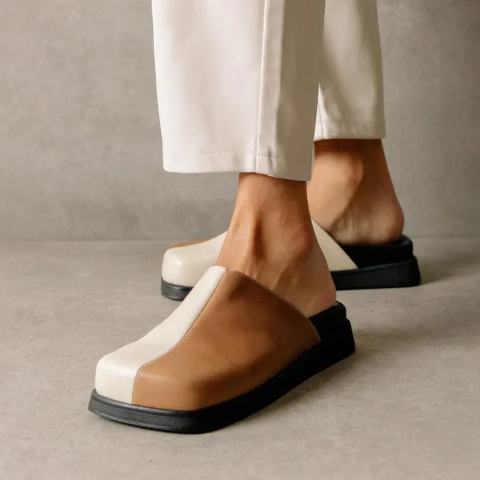 ALOHAS Clogs Women Whiz 8211 White And Brown Leather Mules