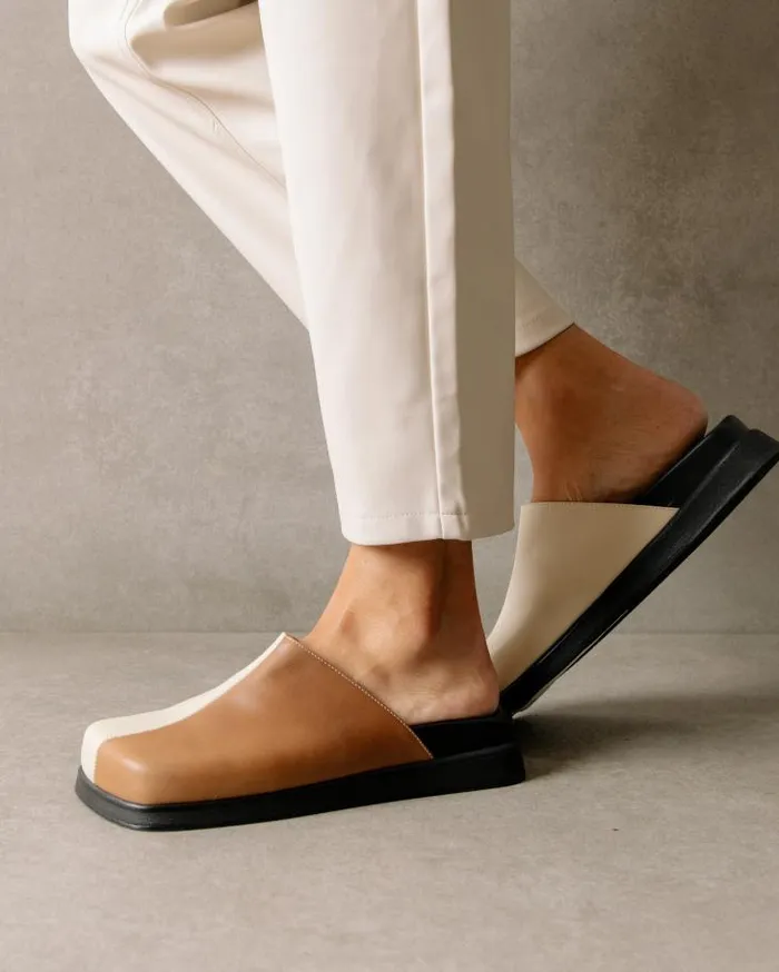 ALOHAS Clogs Women Whiz 8211 White And Brown Leather Mules