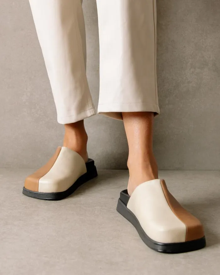 ALOHAS Clogs Women Whiz 8211 White And Brown Leather Mules