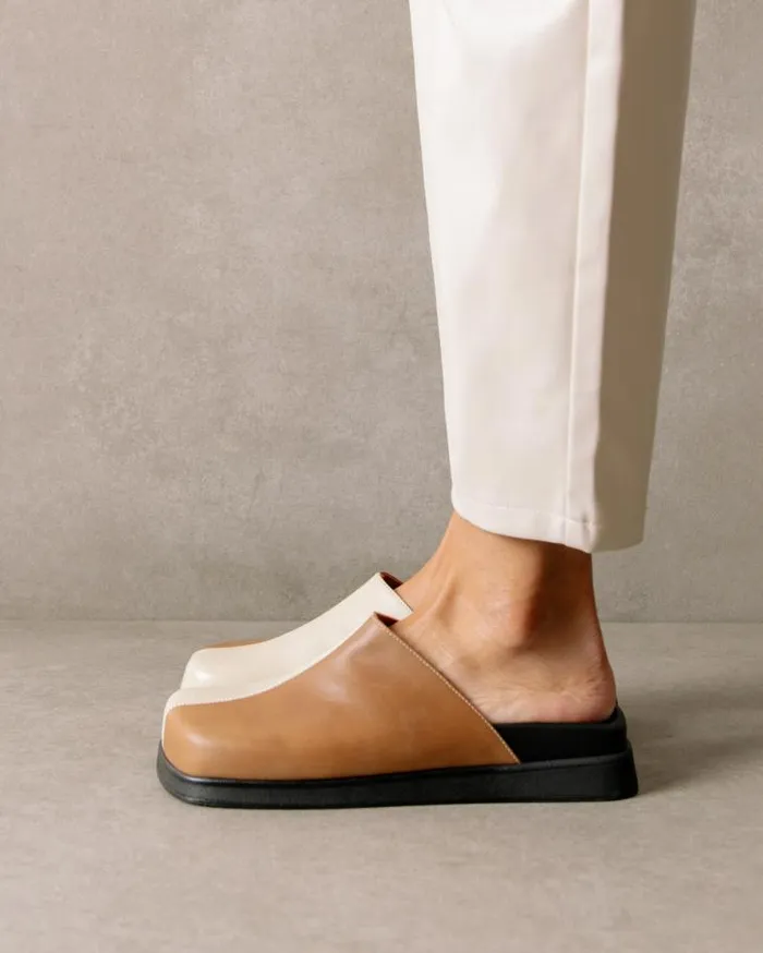 ALOHAS Clogs Women Whiz 8211 White And Brown Leather Mules