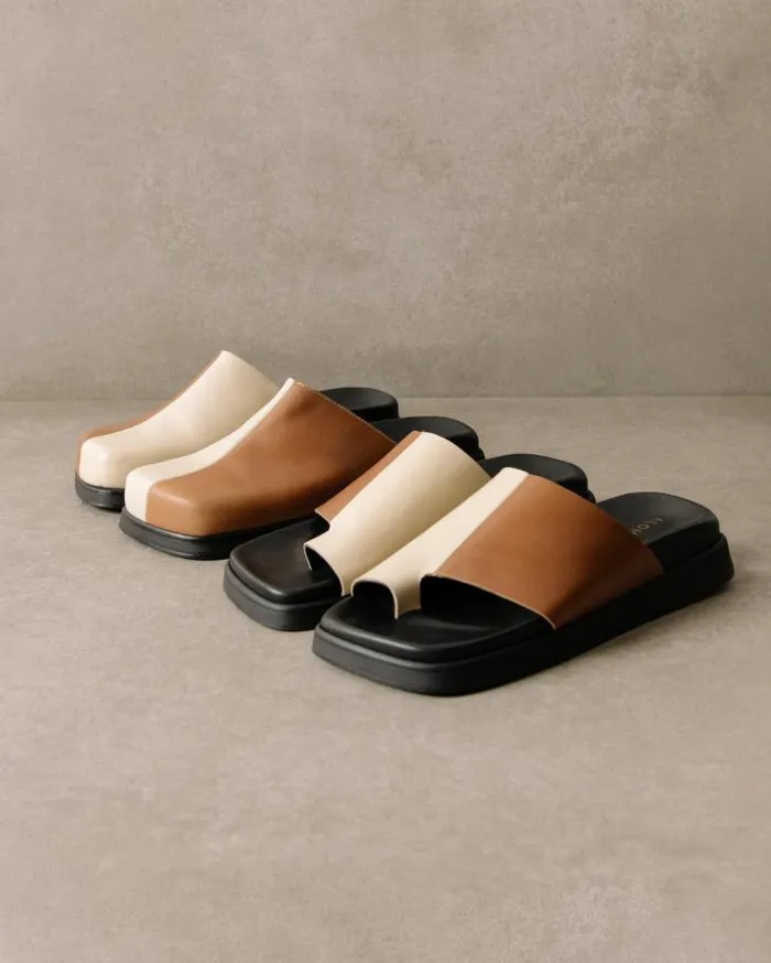 ALOHAS Clogs Women Whiz 8211 White And Brown Leather Mules