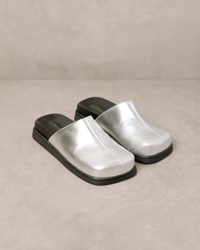 ALOHAS Clogs Women Whiz Shimmer 8211 Silver Leather Mules