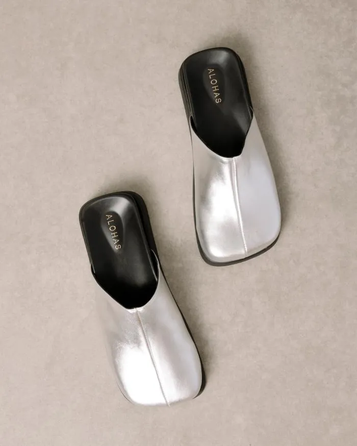 ALOHAS Clogs Women Whiz Shimmer 8211 Silver Leather Mules