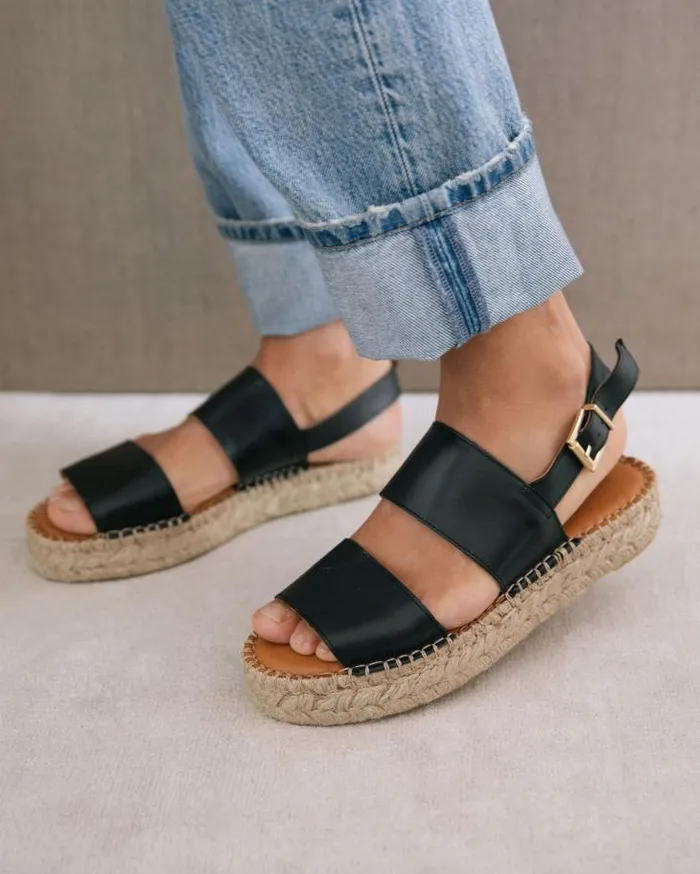 ALOHAS Espadrilles Women Double Strap 8211 Black Leather Espadrilles