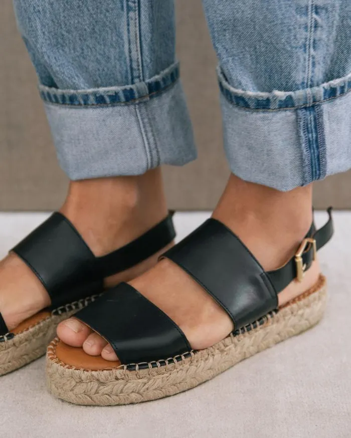 ALOHAS Espadrilles Women Double Strap 8211 Black Leather Espadrilles