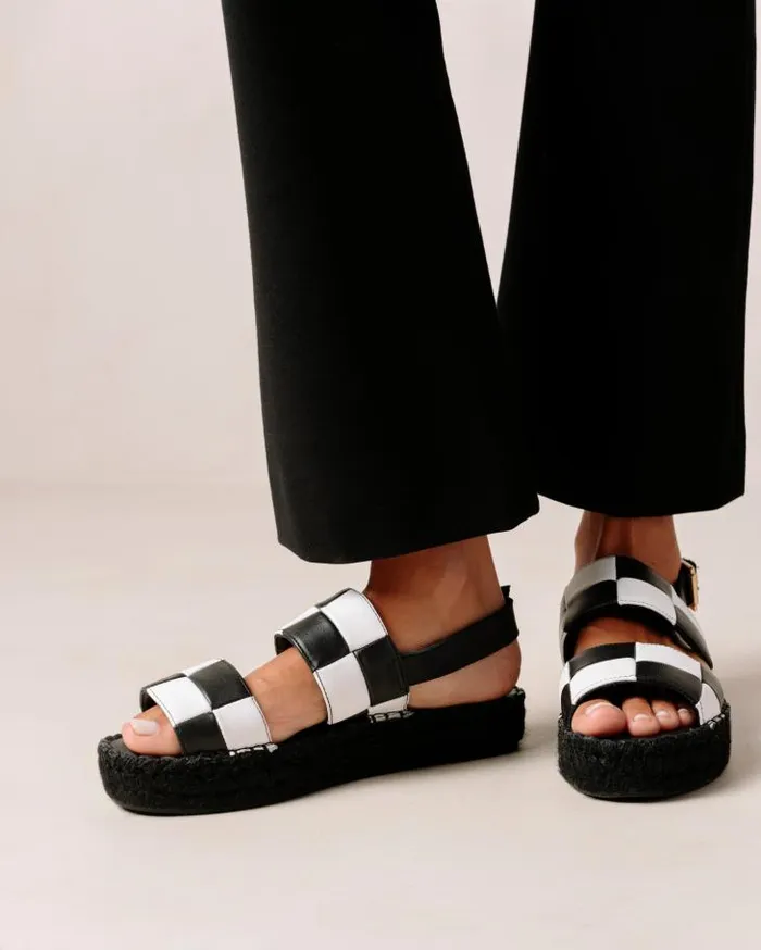 ALOHAS Espadrilles Women Double Strap Scacchi 8211 Black And White Leather Sandals