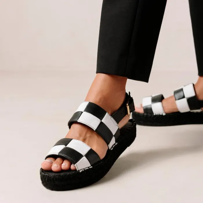 ALOHAS Espadrilles Women Double Strap Scacchi 8211 Black And White Leather Sandals