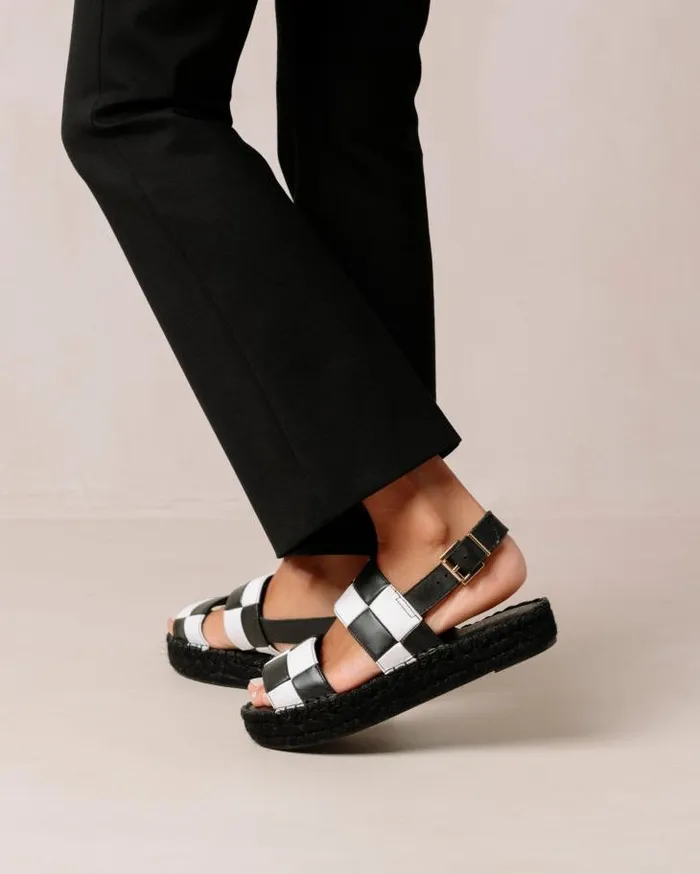 ALOHAS Espadrilles Women Double Strap Scacchi 8211 Black And White Leather Sandals
