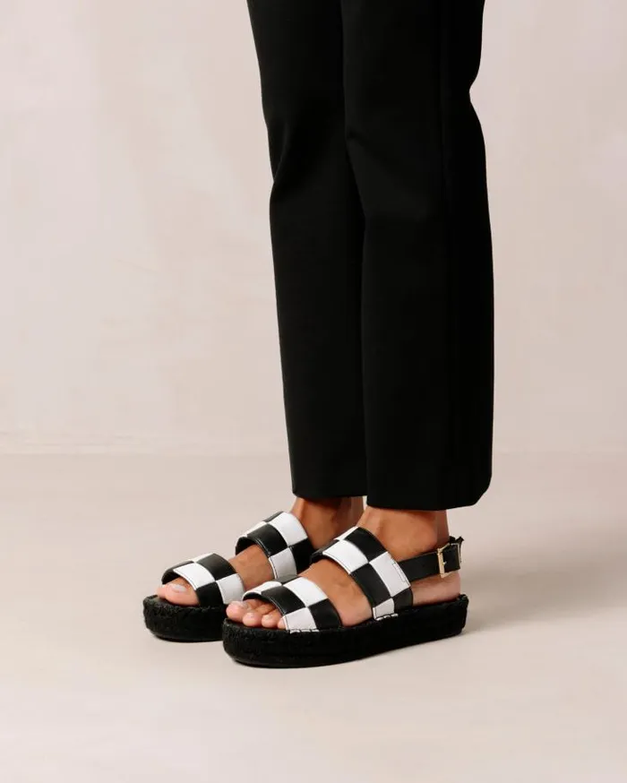 ALOHAS Espadrilles Women Double Strap Scacchi 8211 Black And White Leather Sandals