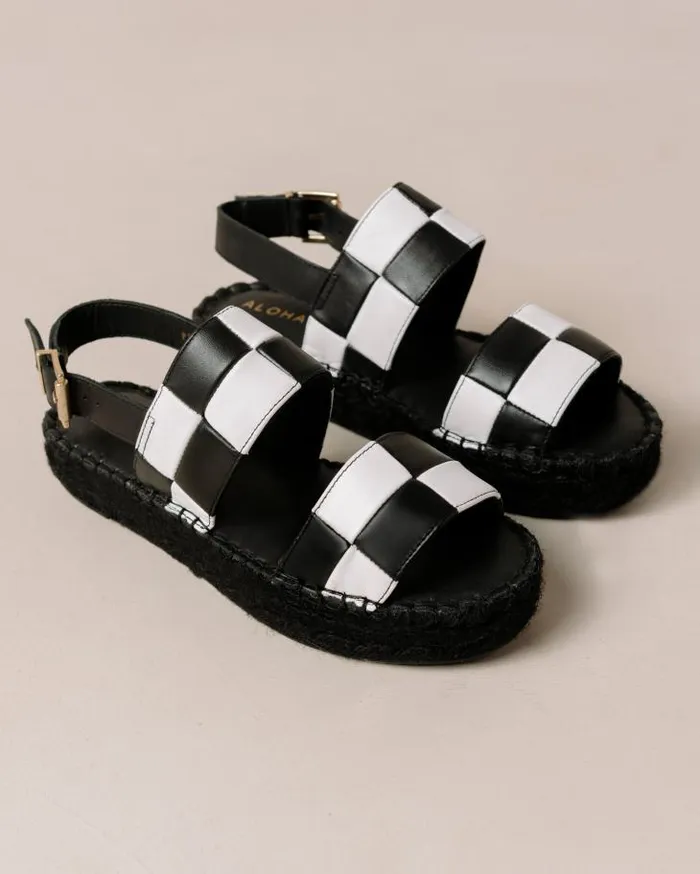 ALOHAS Espadrilles Women Double Strap Scacchi 8211 Black And White Leather Sandals
