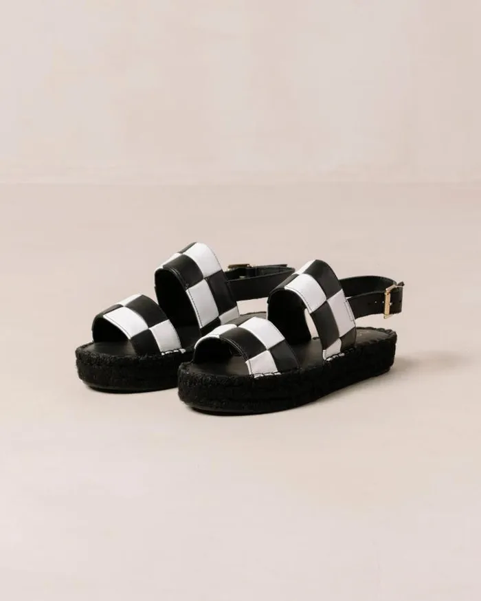 ALOHAS Espadrilles Women Double Strap Scacchi 8211 Black And White Leather Sandals