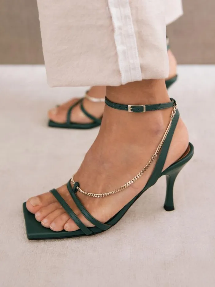 ALOHAS Heels Women Straps Chain 8211 Green Leather Sandals