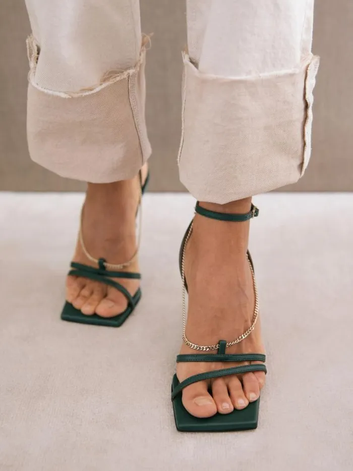 ALOHAS Heels Women Straps Chain 8211 Green Leather Sandals