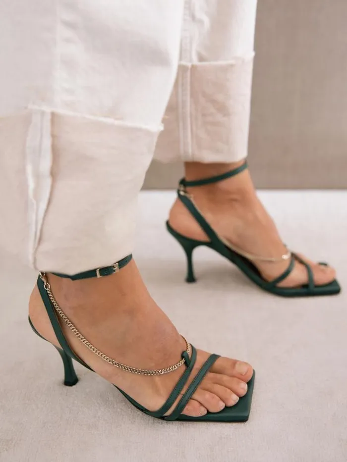 ALOHAS Heels Women Straps Chain 8211 Green Leather Sandals