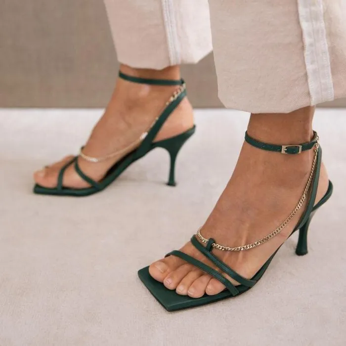 ALOHAS Heels Women Straps Chain 8211 Green Leather Sandals