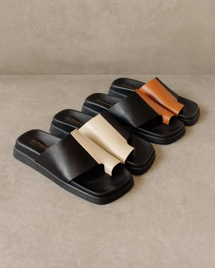 ALOHAS Mules Women Toe Ring Flop 8211 Black And White Leather Sandals