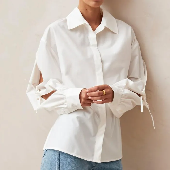 ALOHAS Shirts Women Sugar 8211 White Cotton BackTie Shirt