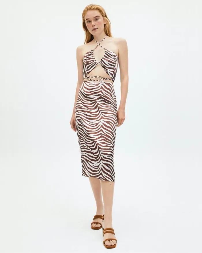 ALOHAS Skirts Women High Tied Safari 8211 Brown And White Satin Skirt