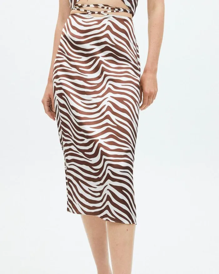 ALOHAS Skirts Women High Tied Safari 8211 Brown And White Satin Skirt