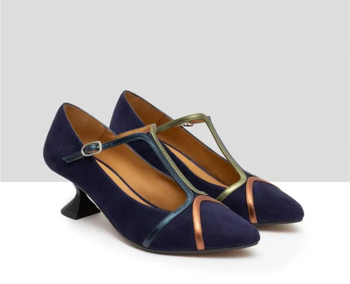 Audley Shoes Low Heel Leather Shoe Gloria Navy Blue Women Medium Heel