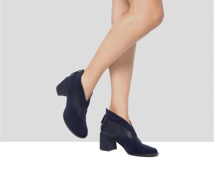 Audley Shoes Mid Heel Leather Booties Gaya Navy Blue Women Medium Heel