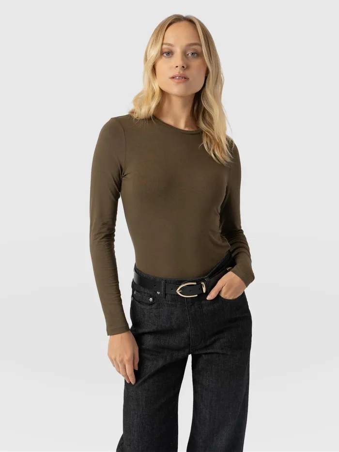 Austen Crew Neck Long Sleeve Tee 8211 Khaki Khaki Women Saint And Sofia TShirts and Tanks