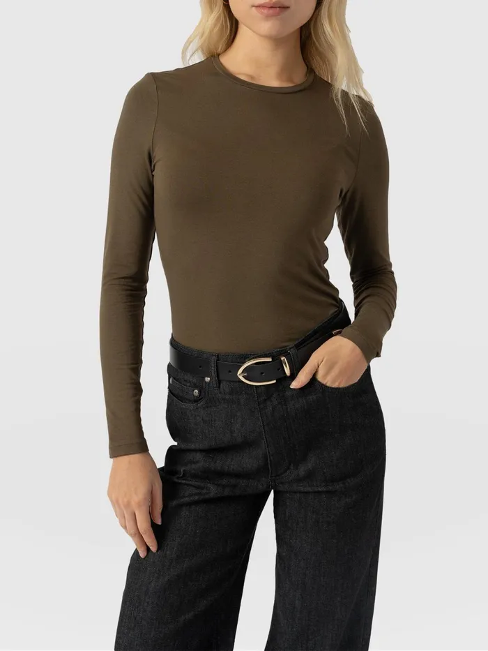 Austen Crew Neck Long Sleeve Tee 8211 Khaki Khaki Women Saint And Sofia TShirts and Tanks
