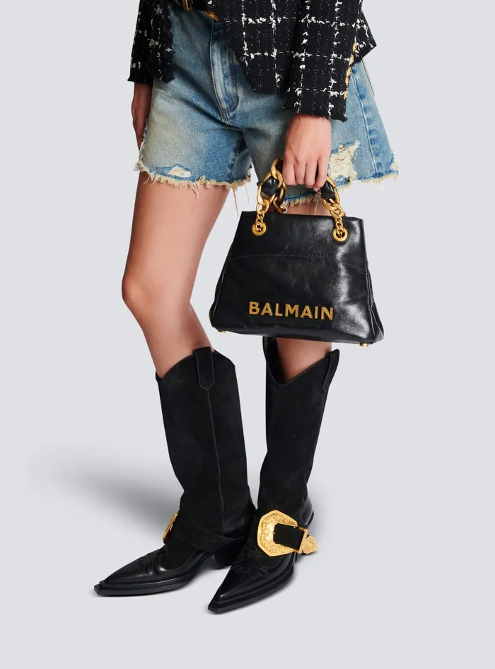 Balmain 1945 Soft Crinkled Leather Tote Bag Black Women Tote Bags