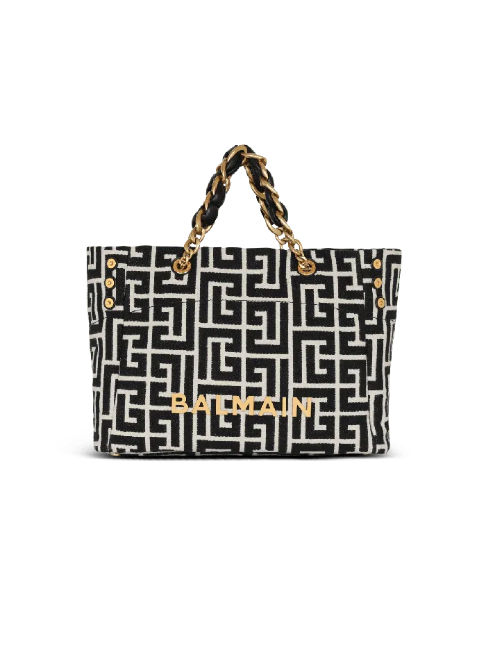 Balmain 1945 Soft Tote Bag In Jacquard Fabric With Monogram Black Women Handbags