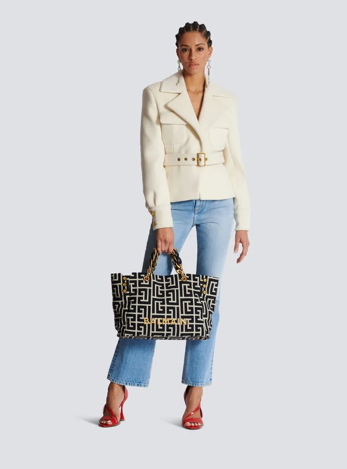Balmain 1945 Soft Tote Bag In Jacquard Fabric With Monogram Black Women Handbags