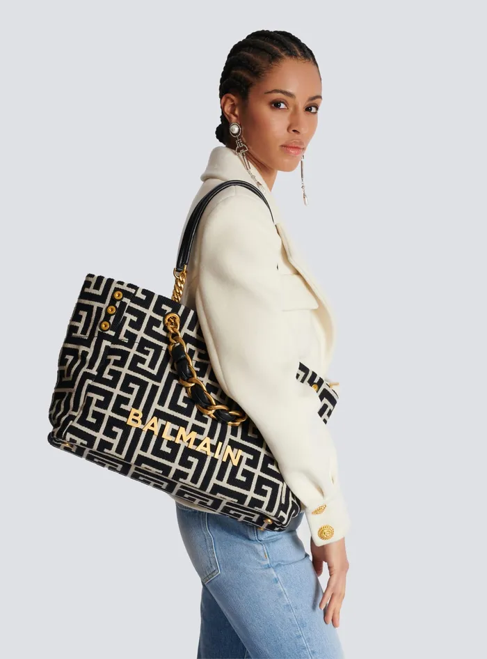 Balmain 1945 Soft Tote Bag In Jacquard Fabric With Monogram Black Women Handbags