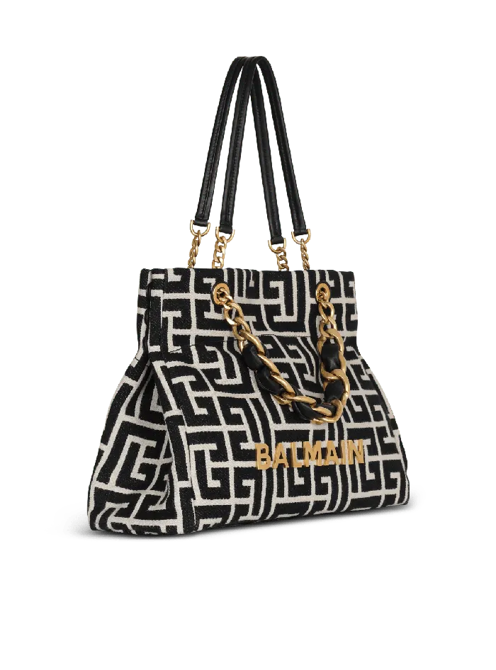 Balmain 1945 Soft Tote Bag In Jacquard Fabric With Monogram Black Women Handbags