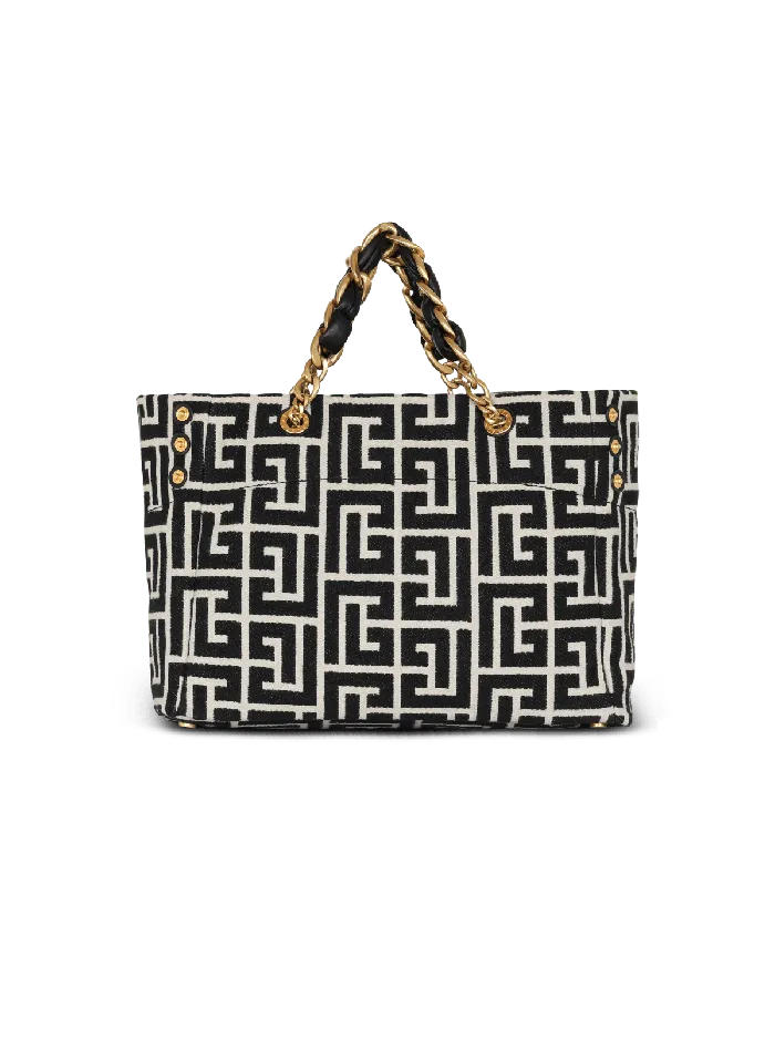 Balmain 1945 Soft Tote Bag In Jacquard Fabric With Monogram Black Women Handbags