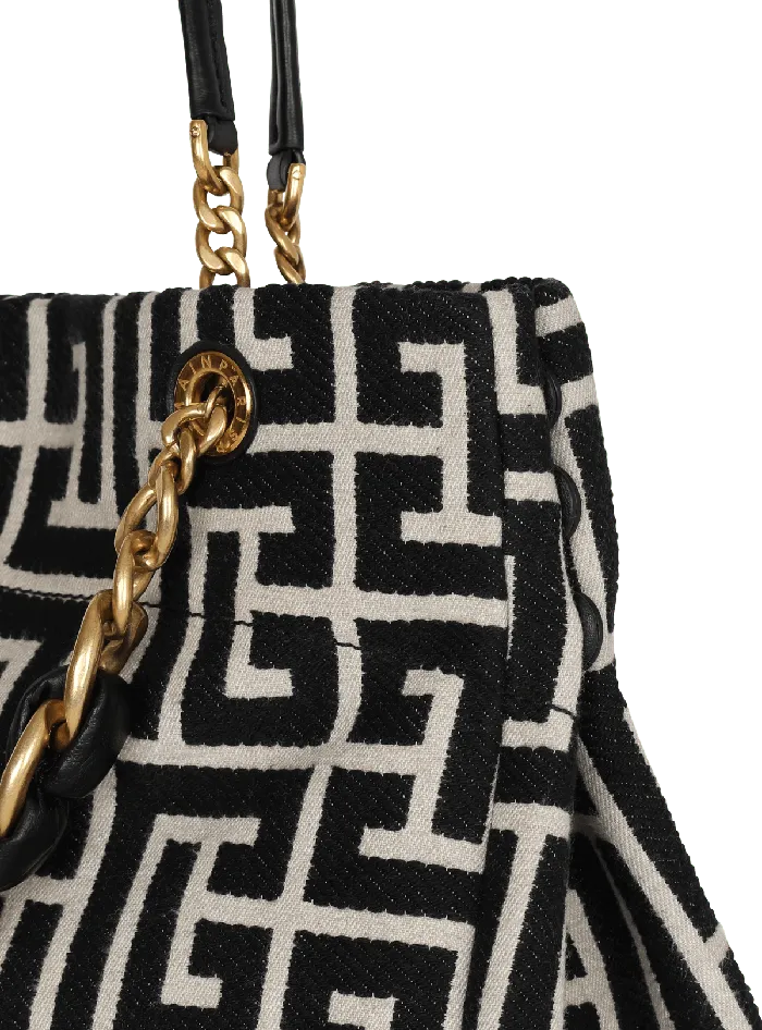 Balmain 1945 Soft Tote Bag In Jacquard Fabric With Monogram Black Women Handbags