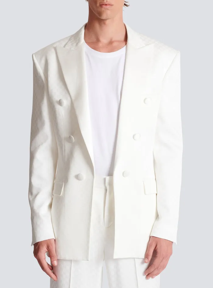 Balmain 6button Monogram Satin Jacket White Men Jackets And Blazers