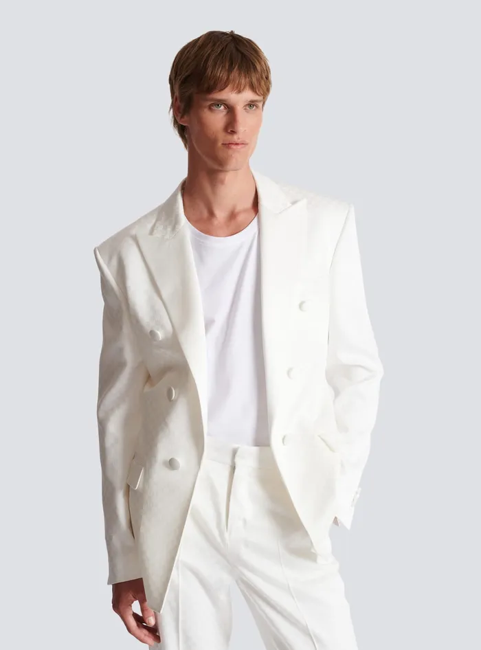 Balmain 6button Monogram Satin Jacket White Men Jackets And Blazers