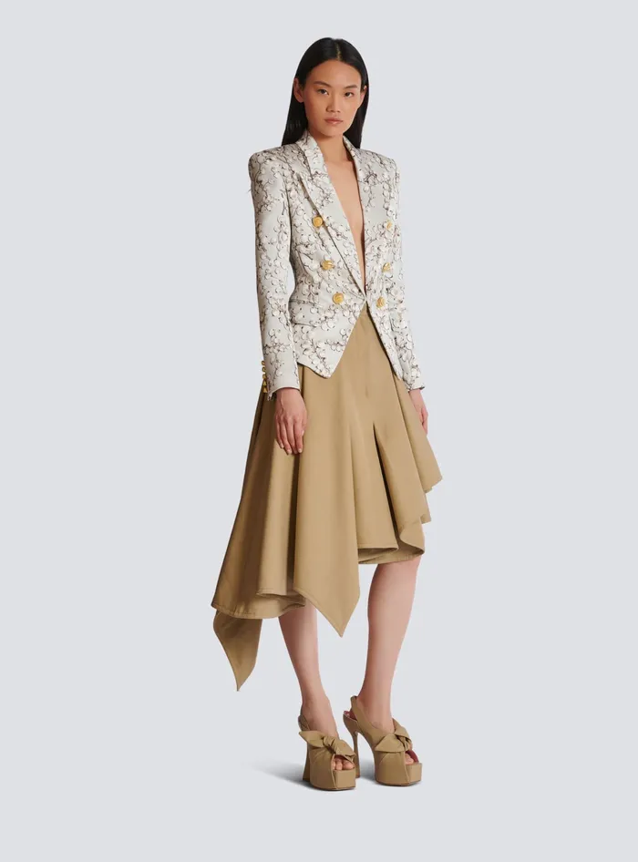 Balmain 6button Satin Jacket With Redcurrant Print Beige Women Jackets And Blazers