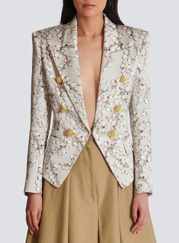 Balmain 6button Satin Jacket With Redcurrant Print Beige Women Jackets And Blazers