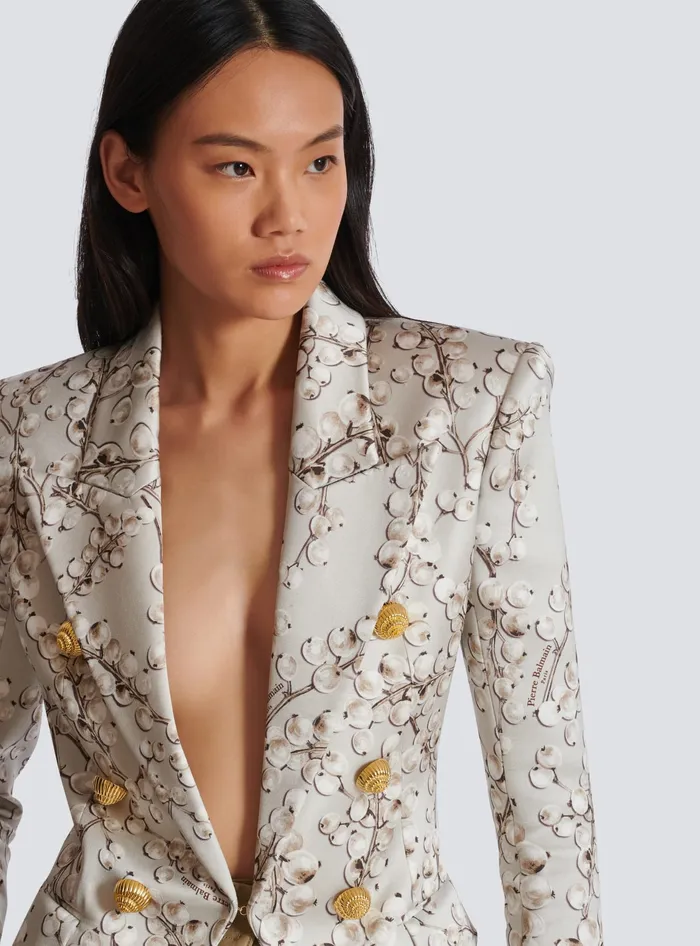 Balmain 6button Satin Jacket With Redcurrant Print Beige Women Jackets And Blazers
