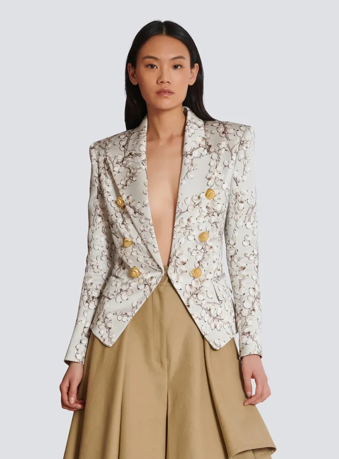 Balmain 6button Satin Jacket With Redcurrant Print Beige Women Jackets And Blazers