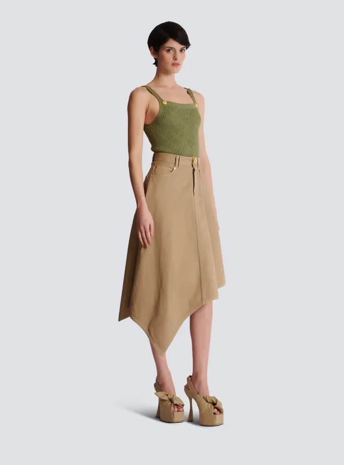Balmain Asymmetrical Pleated Skirt In Cotton Canvas Beige Women Skirts