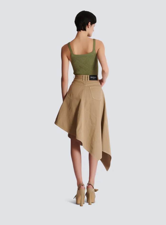 Balmain Asymmetrical Pleated Skirt In Cotton Canvas Beige Women Skirts