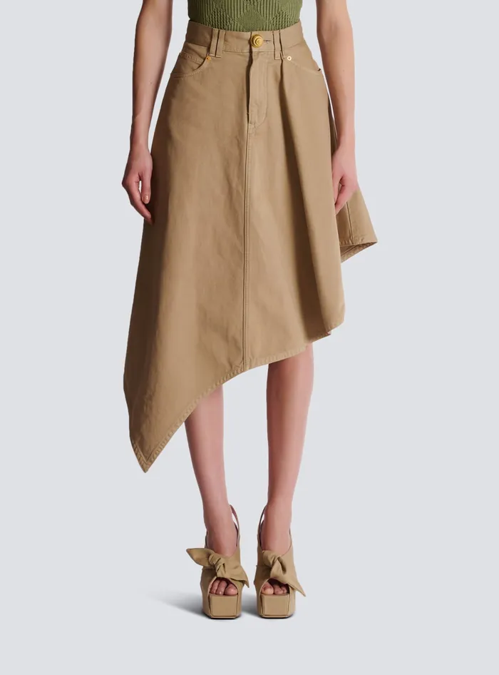 Balmain Asymmetrical Pleated Skirt In Cotton Canvas Beige Women Skirts