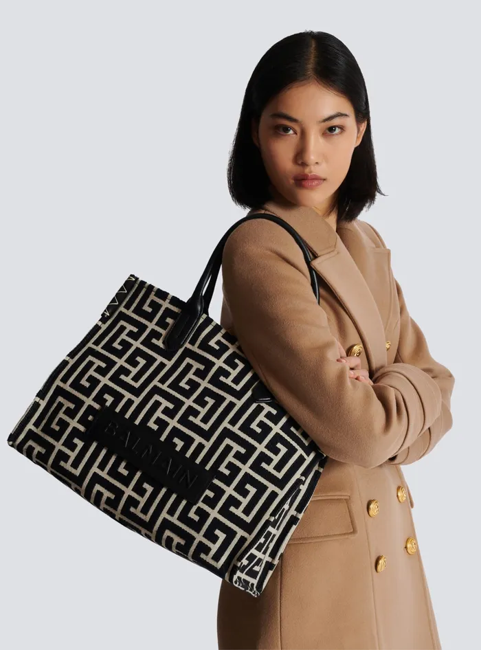 Balmain BArmy 42 Monogram Jacquard And Leather Tote Bag Black Women Shoulder Bags