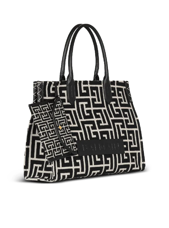 Balmain BArmy 42 Monogram Jacquard And Leather Tote Bag Black Women Shoulder Bags