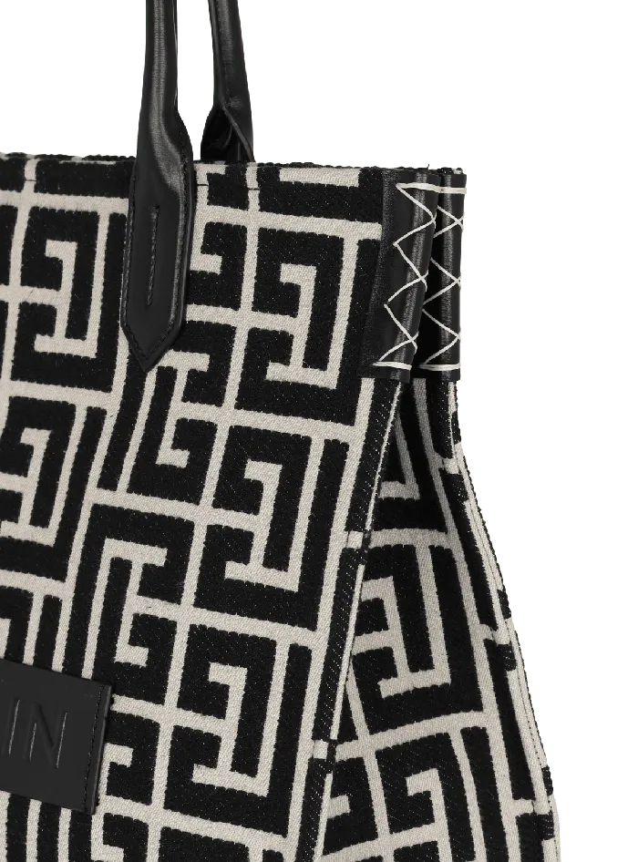 Balmain BArmy 42 Monogram Jacquard And Leather Tote Bag Black Women Shoulder Bags
